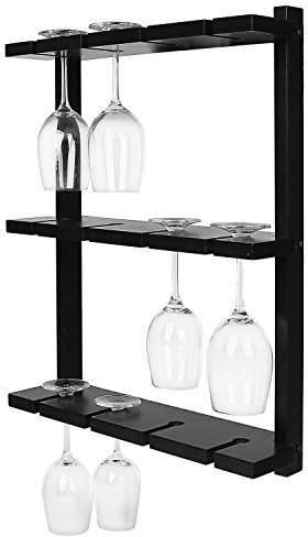 MyGift Wine Glass Rack - Wall-Mounted Black Wood Stemware, 12 Glassware Holder Rack, Wine Glasses Storage Hanger for Bar Kitchen