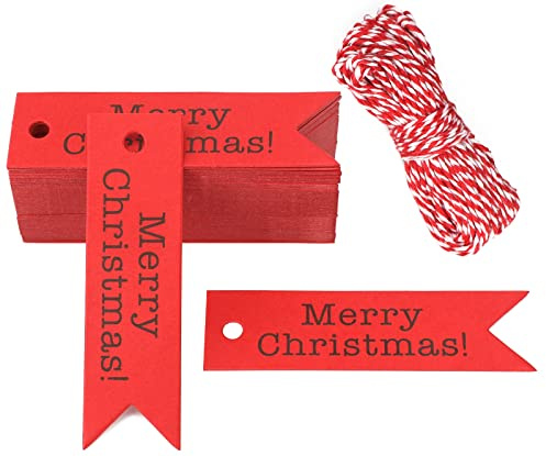 G2PLUS Small Merry Christmas Tags, 100 PCS Red Christmas Lables for Pesents, 2 x7 cm Xmas Gift Tags with String for Gift Wrapping Decoration