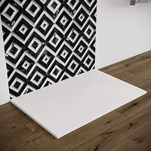 Piatto doccia effetto pietra ardesia stone smc (no marmoresina) BEIGE BIANCO NERO 70 80 90 100 120 140 160 180 cm piletta inclusa. Euclide (80x140 cm, Bianco)