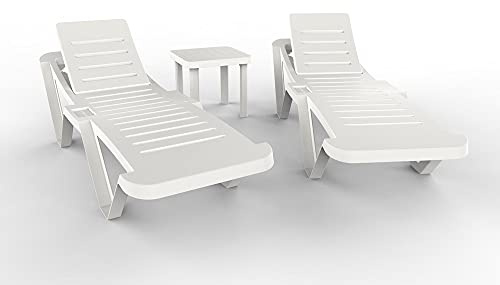Resol garbar Master-Andorra Set 2+1 Tumbona-Mesa Auxiliar Exterior | jardín, terraza, balcón, Playa, Piscina | diseño, Ligero, apilable, reclinable, Ruedas, Posavasos | Blanco