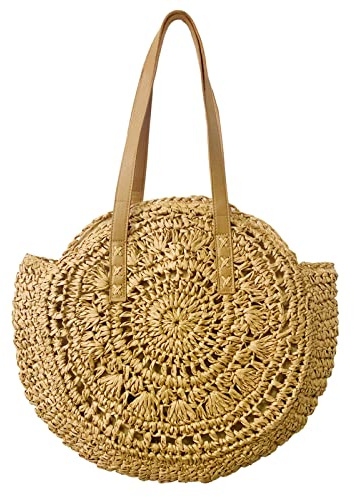 YYHJM Damen Hohle Runde Sommerstroh Gewebt Große Schulter Gewebte Tasche Damenhandtasche Strandtasche