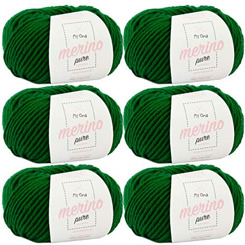 Merinowolle zum Stricken -6x Merino pure waldgrün (Fb 4737)- 6 Knäuel Merinowolle grün + GRATIS Label - weiche Wolle - 50g/65m - Nadelstärke 6-7mm - Wolle Merino fine - Merino Wolle häkeln
