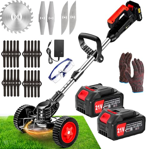ZJS Cordless Strimmer 21v Garden Strimmer with 2 4.0Ah Batteries Grass Trimmers with 25 Blades Electric Strimmer Detachable Battery Strimmer Height Adjustable Suitable for Garden Lawn Trimming