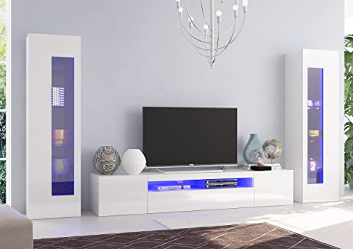 möbelando Wohnwand Schrankwand Anbauwand Wohnzimmerwand Mediawand TV-Wand Daiquiri I Weiß Hochglanz