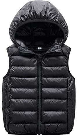 Ommda Giacca a Gilet con Cappuccio Leggero e Caldo Invernale per Ragazzi e Ragazze, Giacca Senza Maniche Imbottita Gilet trapuntato, Nero, 13-15 anni