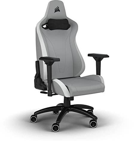 Corsair TC200 Gaming-Stuhl aus Kunstleder, Standard Fit (Langanhaltenden Komfort, Bezug aus Weichem Kunstleder, Integrierte Lendenstütze aus Schaumstoff, 4D-Armlehnen) Hellgrau/Weiß