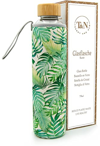 T&N bouteille verre 1L / 750ml / 500ml – gourde réutilisable avec housse néoprène – étanche & sans BPA – borosilicate épais – pour eau, thé, boissons gazeuses