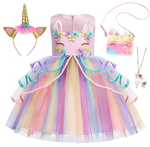 Emin Mädchen Einhorn Prinzessin Kleid mit Accessoires Kinder Einhorn Verkleidung Prinzessin Kostüm Weihnachten Geburtstag Party Halloween Karneval Bühnen Aufführung Cosplay Rosa, 110