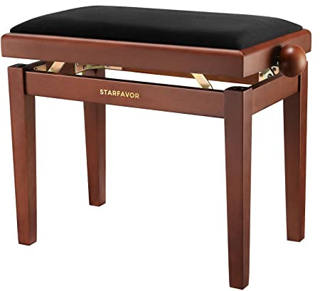 Starfavor Piano Bench Adjustable, Keyboard Chair Wooden Piano Stool Padded Seat Cushion, Brown, SPB-480N