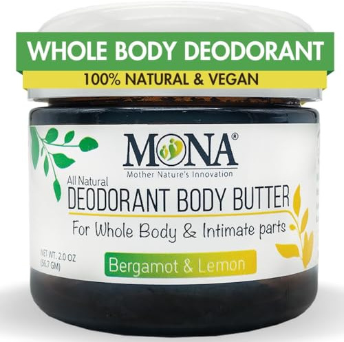 MONA All Natural Whole Body Deodorant Cream for Women & Men | For Private Parts | Baking Soda & Aluminum Free | Sensitive Skin Friendly with Natural Fragrance | Bergamot & Lemon 2.0 oz (Pack of 1)