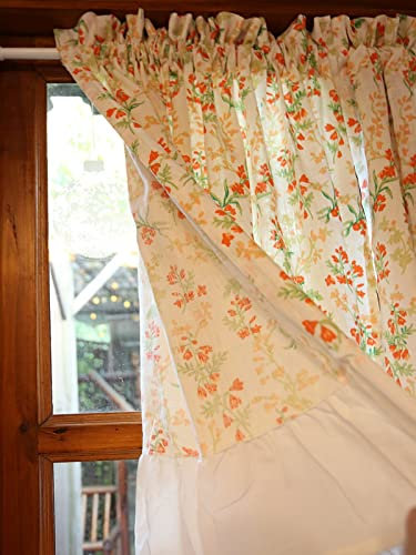 A.Monamour Gardine Scheibengardinen Kurzstores Florale Baumwolle Orange Blumen Mit Weißem Volant Kurzvorhang Kurzgardinen Küchengardine Küchenvorhang Küche Vorhang Fenster Kurz Stores Bistrogardine