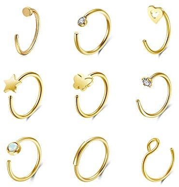 PiercingJak 9Pcs Piercing Nez Or Faux Piercing Anneau Nez Doré Anneau de Nez Acier Inoxydable Strass Piercing Septum Tragus Hélix Cartilage Boucle d'oreille Bijoux de Corps Femme Homme