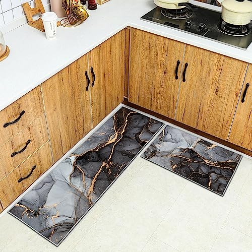 Küchenteppiche 2 Stück, Rutschfestes Küchenmatten,6mm Dick rutschfest Wasserdicht Pflegeleicht, Anti-Müdigkeit Küchenteppich Teppich Läufer für Küche (Style E, 43x75+43x150cm)