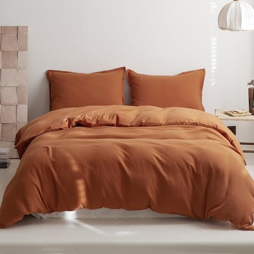 Simple&Opulence Muslin SuperKing Duvet Cover Set, 100% Cotton Ultra Soft and Lightweight Textured Puckering Bed Duvet Cover with 2 Pillowcases (260×220cm, Burnt Orange)