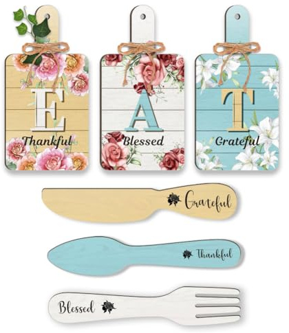 PH PandaHall 6 piezas de flores para decoración de pared de cocina, letrero de madera, letrero de comer, tenedor, cuchara, decoración de pared, placas colgantes, tabla de cortar de granja con cuerda