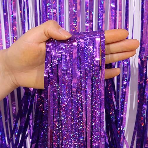 4 Stück Metallic Lametta Vorhänge,1m x 1m Lila Glitzer Selbstklebende Folien Fransen Lametta Vorhange Folie Hintergrund für Geburtstag Hochzeit Weihnachtsfeier Tür Fenster Partydekorationen