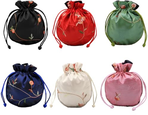 Bustlwor 6 Stück Geschenkbeutel mit Kordelzug, Schmuck Geschenktüte, Kordelzug Satin, Geeignet für Geschenkverpackungen, Schmuck, Süßigkeiten, Kunsthandwerk(Sechs Farben)