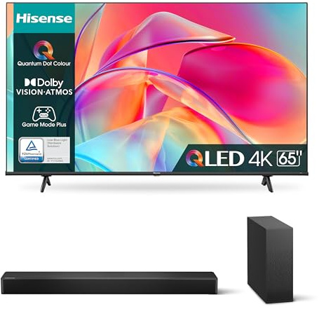 Hisense 65 QLED 4K 2023 65E77KQ, Smart TV VIDAA U6, Dolby Vision, HDR 10+ 4K HS2100 Soundbar 2.1, 240W, Subwoofer Sottile Esterno wireless,