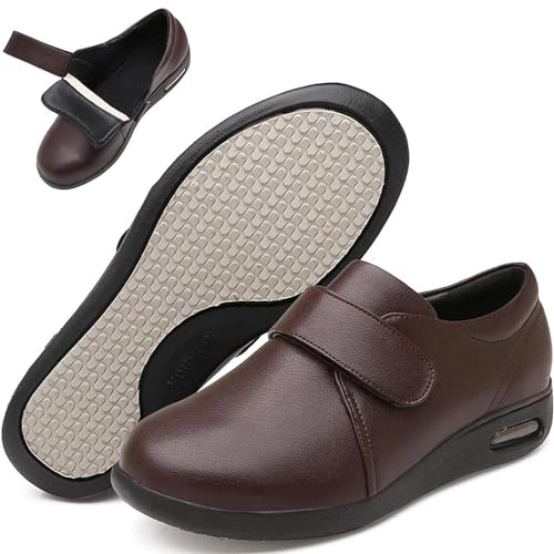 SMTSEC Chaussures Diabétiques Hommes d'hiver pour Pieds Enflés, Chaussures Cuir Femmes Chaussures Personnes Âgées Chaussures De Santé avec Velcro Chaussures Œdèmes Chaussures À Bandages,Brown-48 EU