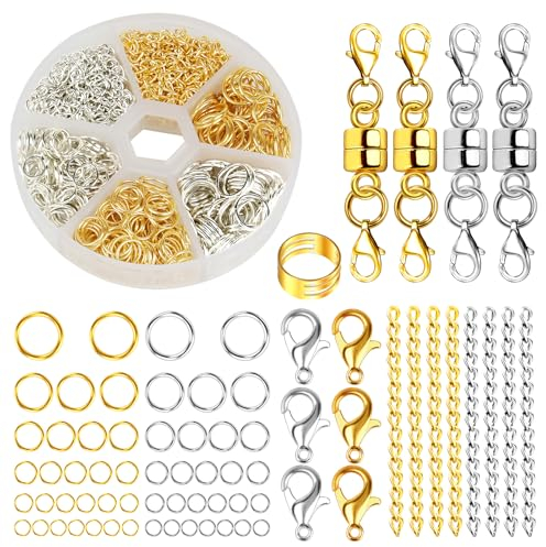 Dorocola 1175 Stück Verschlüsse für Armbänder Set 2 Farben Kettenverschluss Armband Verschluss Enthält Biegeringe und Verlängerungskett für DIY Armband Verschluss mit Jump Ring Opener(Silber/Gold)