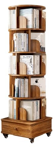 NEONMAN Drehbares Bücherregal 360° Drehbar Bücherregal Drehbar Rollende Bücherregale Auf Rädern Drehregal Bücher Drehbares Regal Bücherregal Zeitschriftenständer Bilderbuchregal Standregal(Walnut,5lay