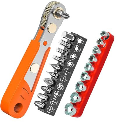 SIGANDG Cacciavite ad angolo a cricchetto 1/4 10 pezzi Cacciavite magnetico a cricchetto 9 pezzi Set di bussole metriche per spazi ristretti, Phillips, a taglio, Torx, esagonale