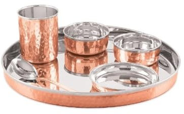 Lalit Kishori jewellary hub Traditional Hammered Dinner Plate | Stainless Steel Copper Bhojan Thali Set, 6 Pieces