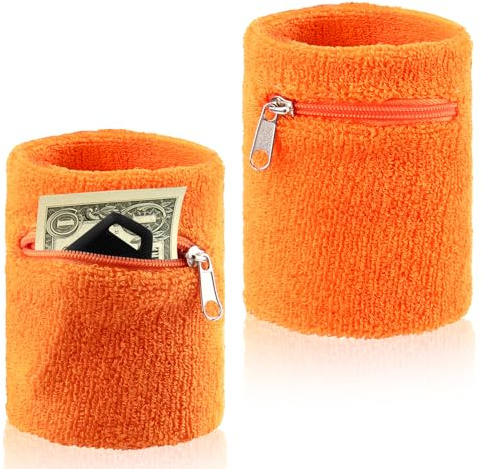 2 Piezas Muñequera Unisex con Cierre Zip, Muñequera Bolsillo para el Sudor, Muñequeras Bolsa de Algodón Grueso, Billetera de Muñeca con Cierre Zip para Tenis Baloncesto Fútbol y Fitness, Naranja
