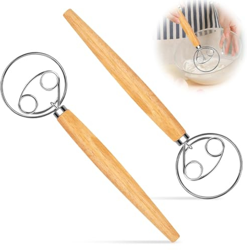 2 Pièces Fouet Pâte Danois Acier Inoxydable avec Poignée Bois, Mélangeur Main Double Yeux Danoise, Fournitures & Outils Cuisson Cuisine pour Faire Gâteaux Pain, Pâtisseries, Dessert, Pâte Pizza