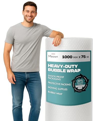 Meown Bubble Wrap Roll 1000mm x 75M – Heavy Duty Recyclable Packaging Roll for Moving, Packing & Shipping – Tear-Resistant Lightweight Cushioning for Fragile Items – Next Day Delivery Available