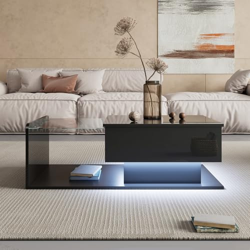 PUGSDRLY Table Basse d'appoint, Table Basse avec Plateau en Verre et Effet LED, équipée d'un Plateau en Verre. (Black)
