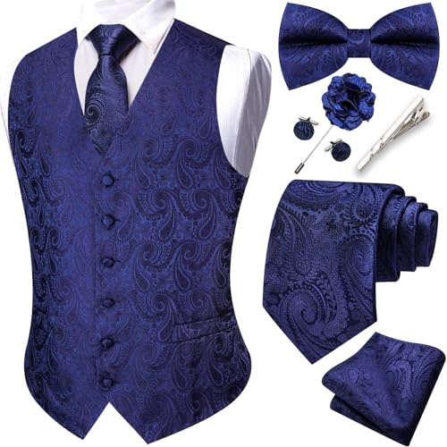 Barry.Wang Ensemble de gilet pour homme Motif paisley Costume formel Gilets Nœud papillon et cravate Ensemble Jacquard Clip Mouchoir Boutons de manchette Épingle à cravate Mariage 8PCS, bleu marine
