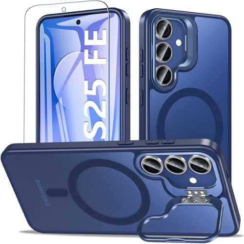 ottpluscase Magnetic & Stand for Samsung Galaxy S25 FE Case with Screen Protector, Fit for MagSafe, Military Grade Shockproof, Translucent Matte Back Slim Phone Cover,Blue