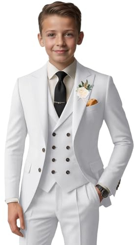 RGSHEETV Boys Suit 3 Piece, Kids Tuxedo Suits for Boys Homecoming Communion Formal Wedding Prom Dress Outfits Toddler Suit White Suits Size 10