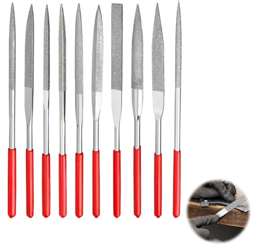 10 Stück Mini Diament Nadelfeilen Set 2x100 MM, Diamant Mini Feilen Set, Kleine Diamantfeilen Riffelfeilen Werkzeuge zum Feilen von Holz Schmuck Metall Kunststoff Modellbau