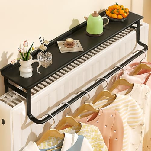Heizungs-Regal aus Metall, Über-Heizkörper-Regal Ohne Bohren mit Wäscheständer, Schwebende Heizung Ablage Rauch-Und Staubdicht Abnehmbar für Wohn und Schlafzimmer Flur Büro(Schwarz,58 cm/22.8 in)