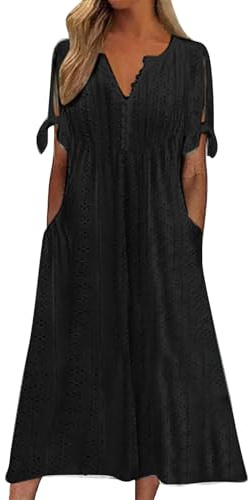 Women Dress Loose Casual Maxi Dress Short Sleeve V Neck Tunic Flowy Pleated Beach Sundress Plus Size Ladies Boho Dress Holiday Dresses A Black