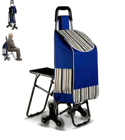 Stair Climbing Shopping Trolley with Seat, 6 Wheel Foldable Grocery Cart, Large Capacity Bag with Metal Frame, Lightweight Waterproof Oxford Cloth for Market, Laundry, Travel (Blue)