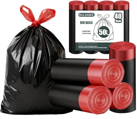 RULDGEE Swing Bin Liners 50L Bin Bags with Drawstring Handles 40 Counts Black Rubbish Bags Heavy Duty Refuse Sacks Strong Tall Black Waste Bags for Kitchen