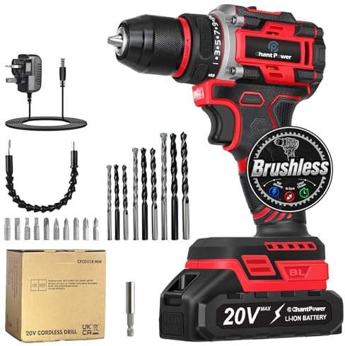 C P CHANTPOWER 20V Cordless Electric Drill Set, 40Nm Brushless Power Motor | 10mm Metal Keyless Chuck, 2-Variable Speed, 25+1 Torque with Battery, Charger, 22pcs Accessories for Home & DIY Project