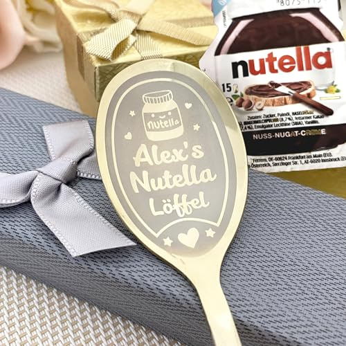 Personalisierter Löffel mit Gravur & Nutella Mini 15 g – Wunschname oder Wunschtext – Edelstahl – Spülmaschinengeeignet – Persönliche Geschenkidee