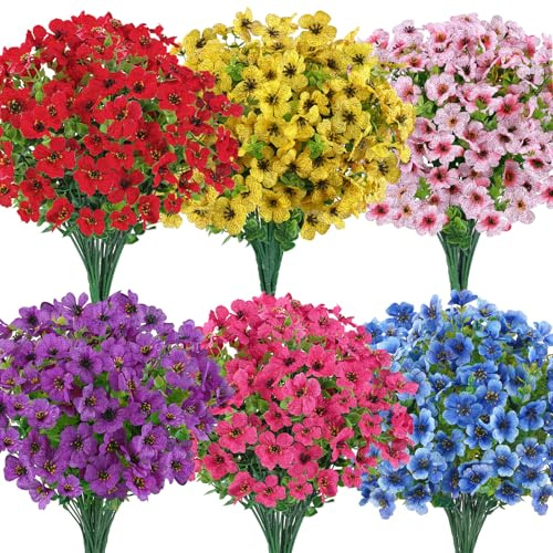 JOLCEEY 18 Bundles Artificial Flowers for Outdoor, 6 Colors No Fade Fake Plastic Faux Silk Flowers UV Resistant Greenery Shrubs Plants for Indoor Outside Garden Porch Hanging Planters Decoration