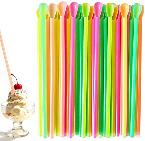 JIRVEX 100 pajitas plástico neón reutilizables con cuchara 6x200 mm para granizados, batidos, smoothies, helados, fiestas