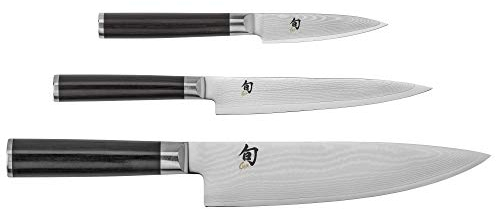 KAI Shun Classic japanisches Kochmesser 3er Set - Kochmesser 20 cm Klingenlänge + Allzweckmesser 15 cm Klingenlänge + Officemesser 9 cm Klingenlänge - Damastmesser 32 Lagen VG MAX Kern - Pakkaholz