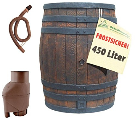 REGENTONNE REGENFASS WASSERFASS REGENWASSERBEHÄLTER REGENWASSERFASS GARTENFASS (Eichenfass 450l inkl. T33 und Entnahmeset Braun)