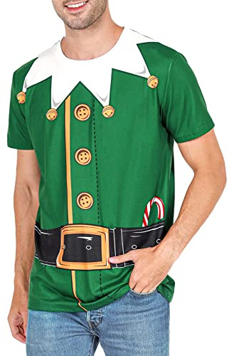 COSAVOROCK Men's Elf Costume Christmas T-Shirt Green L