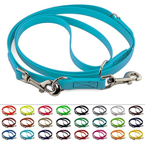 LENNIE Verstellbare BioThane Führleine, 9mm breit, 5m lang, Cyan/Türkis, genäht, Doppelleine