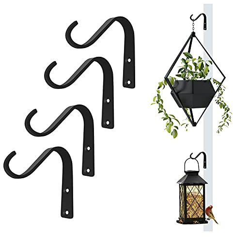 BEVIEVER Blumenampel Halterung Gusseiserne, 4 Zoll, 4er Pack, Schwarz | Pflanzenhaken, wandhaken für Blumenampel, Deco Laternen, Vogelhäuschen, Außen geeignet, Pflanzenhalter