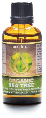 Ecodrop Organic Tea Tree Essential Oil 50ml | Melaleuca Alternifolia | 100% pure, undiluted Tea Tree oil. For aromatherapy, diffusers, massage, bath, soap & candle making. Bottled in the UK