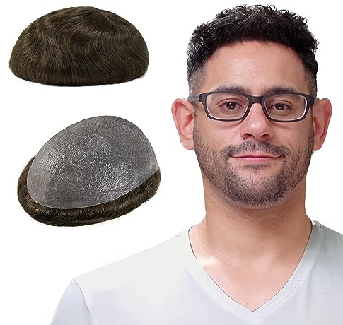 Lordhair Prótesis Capilar Hombre 0,03 mm Skin V-Loop, Tupé Hombre de Cabello Humano Natural, Sistema Capilar Indetectable 20 x 25 cm, Densidad Media, Color Mittellichtbraun 6#